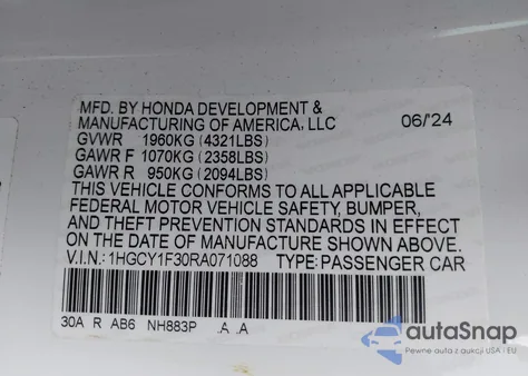 2024 Honda Accord Ex z USA, uszkodzony, nr VIN 1HGCY1F30RA071088
